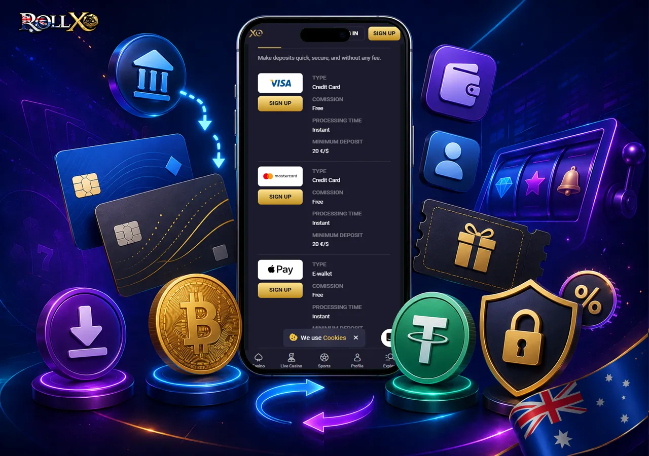 AUD deposit flow shown as a smooth mobile cashier scene with secure payment options